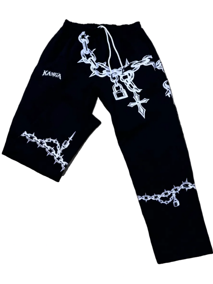 Black pants with white barbed wire and lock design on a white background