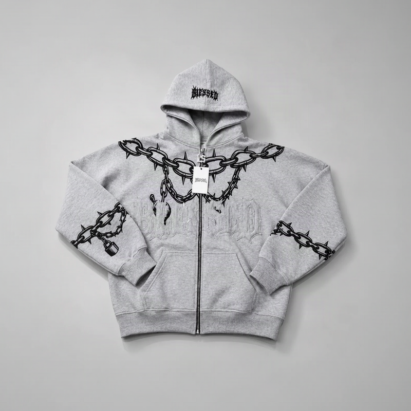 Gray hoodie with black chain and barbed wire design on a gray background