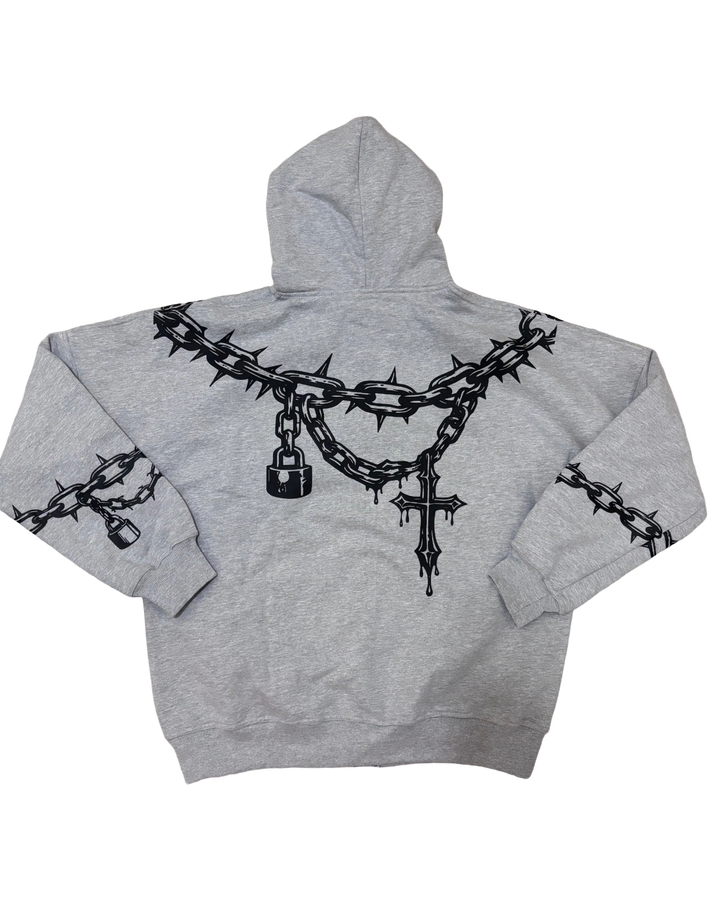 Gray hoodie with black barbed wire and padlock design on a white background