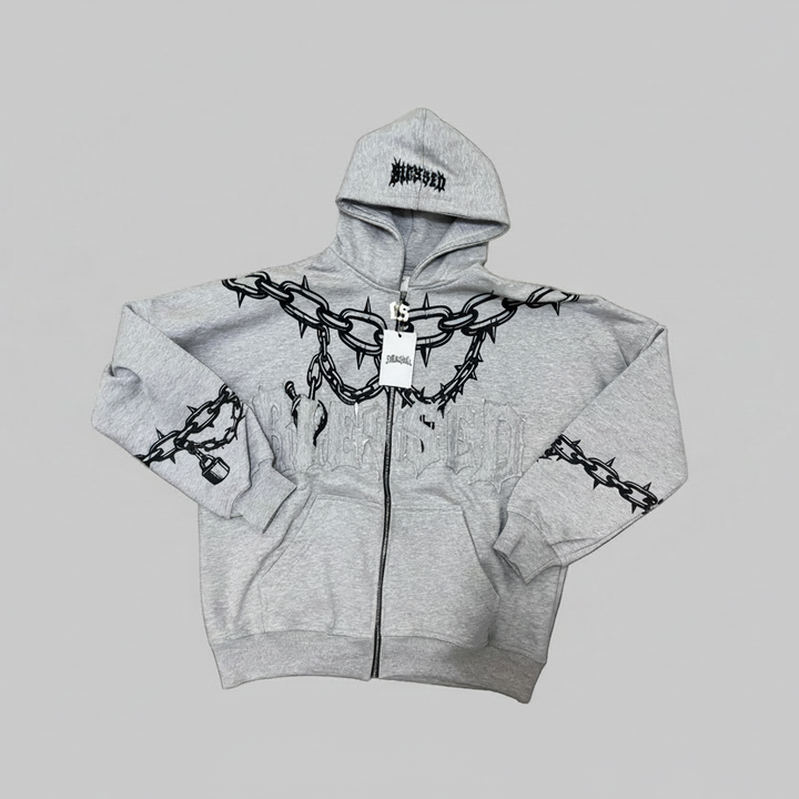 Gray hoodie with barbed wire design on a white background