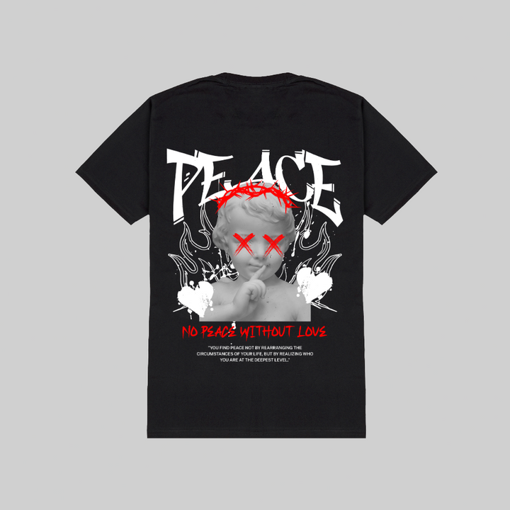 Black t-shirt with graphic design and text on a gray background