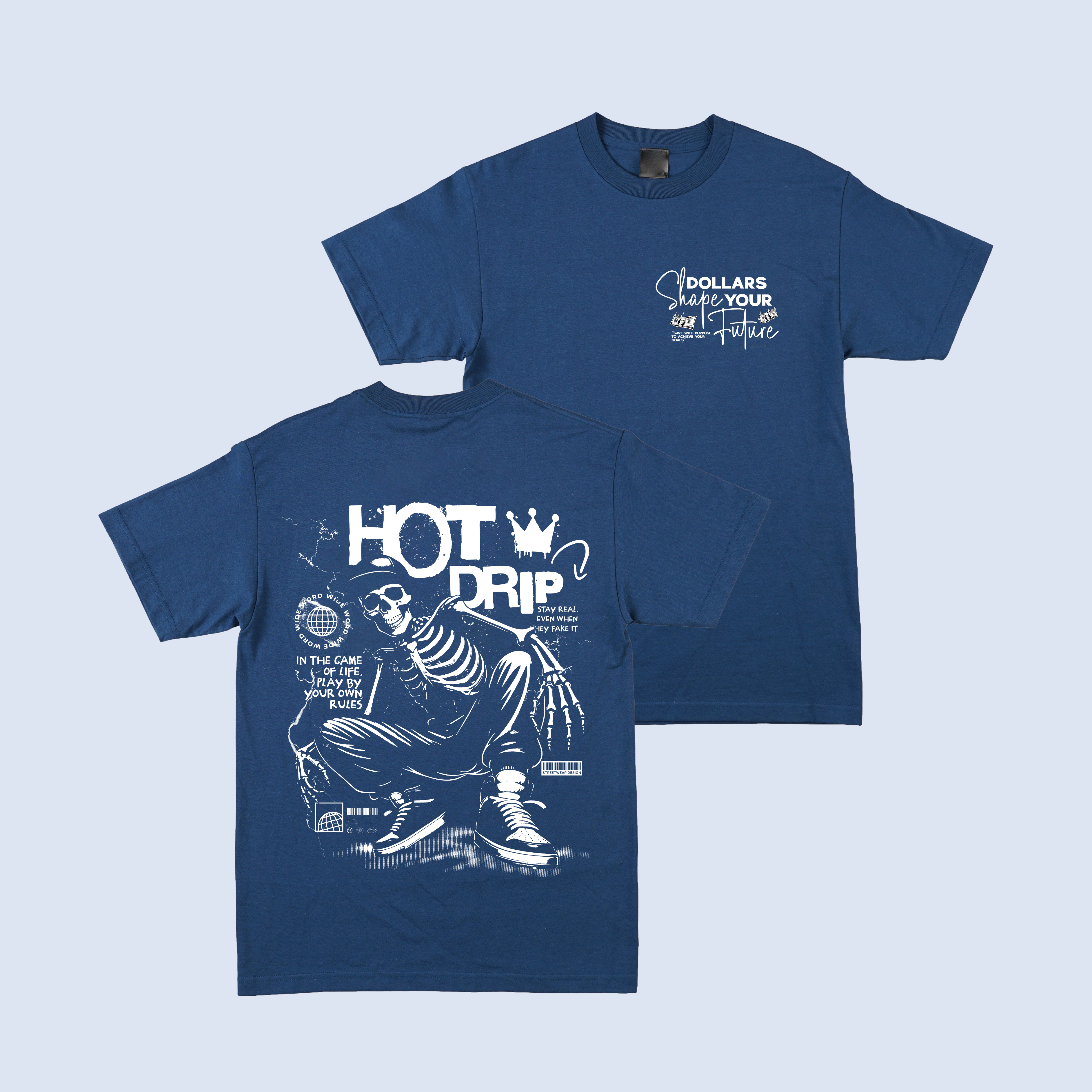 Navy blue t-shirt with white graphic design on a light blue background