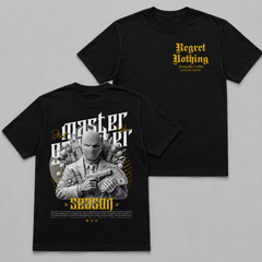 Black t-shirt with graphic design and text on a gray background