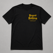 Black t-shirt with yellow text 'Regret Nothing' on a gray background