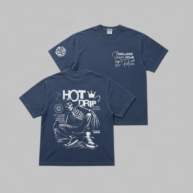 Navy blue t-shirt with white graphics and text on a gray background