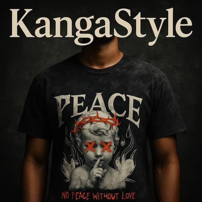 Person wearing a black t-shirt with &#39;Peace&#39; graphic and text, featuring a &#39;Parental Advisory Explicit Content&#39; label.