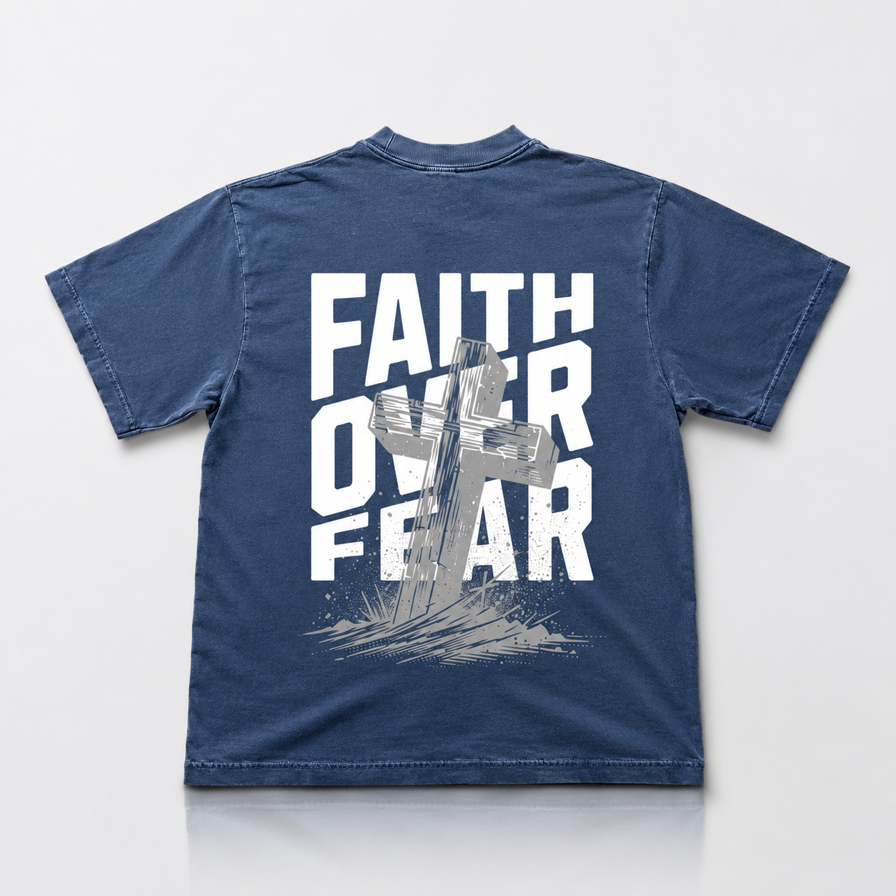 Blue t-shirt with 'Faith Over Fear' text and cross graphic on a white background