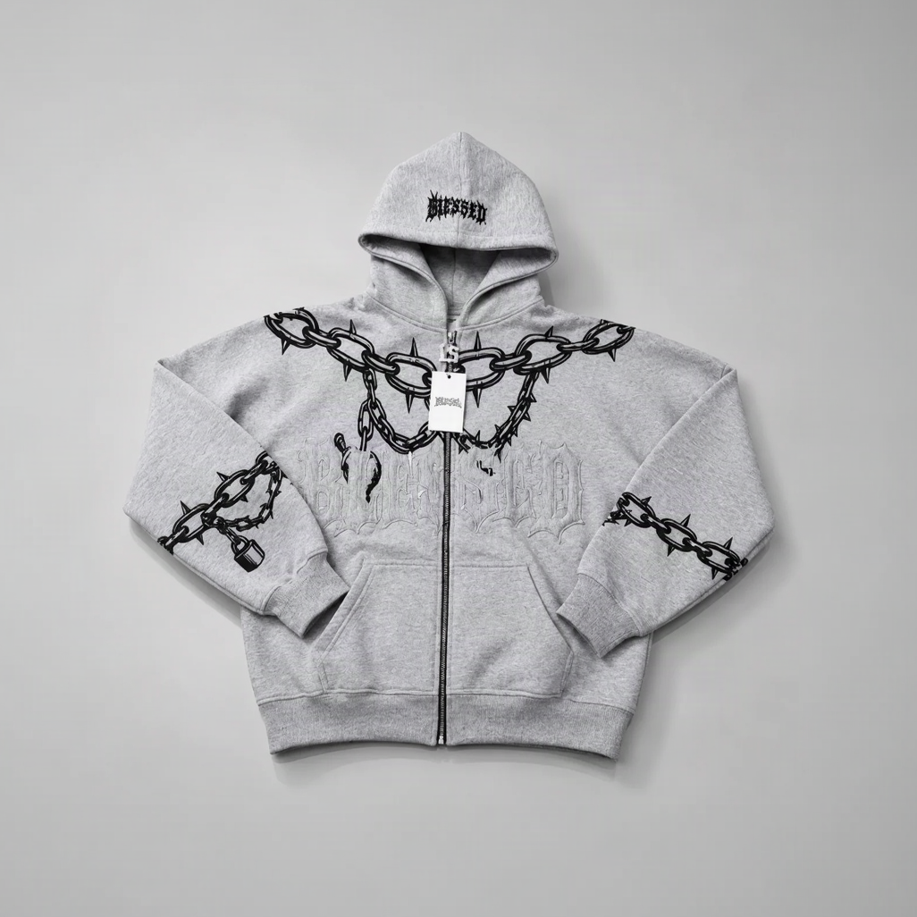 Heavyweight Cotton Zip Hoodie with Chain Graphics