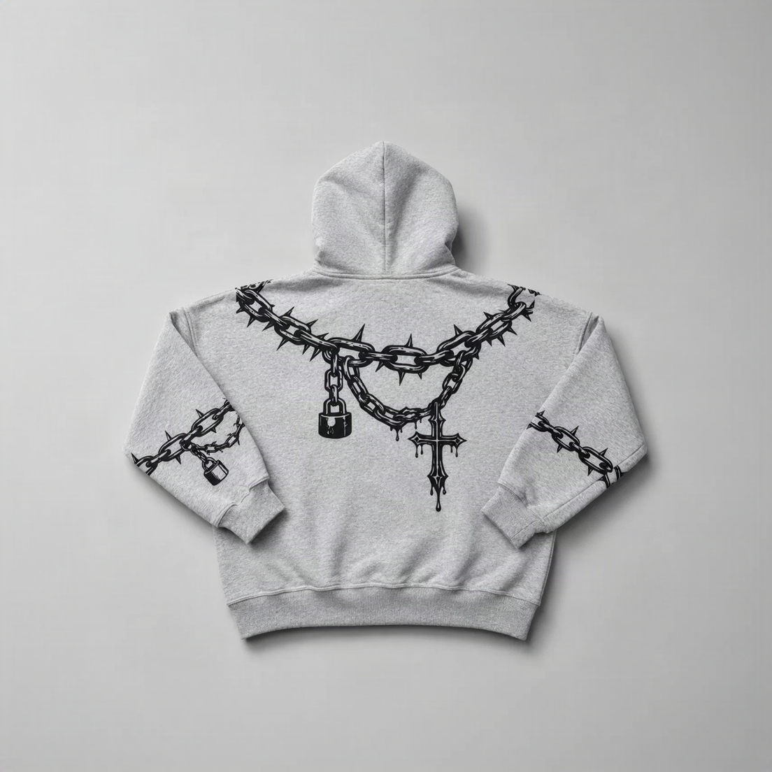 Gray hoodie with black barbed wire and chain design on a gray background