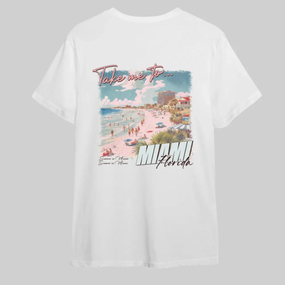 White t-shirt with a graphic of Miami, Florida on a white background