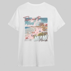 White t-shirt with a graphic of Miami, Florida on a white background