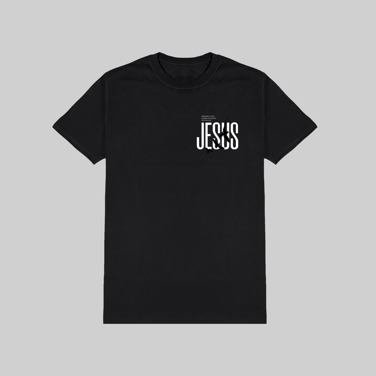 Black t-shirt with 'JESUS' printed on a gray background