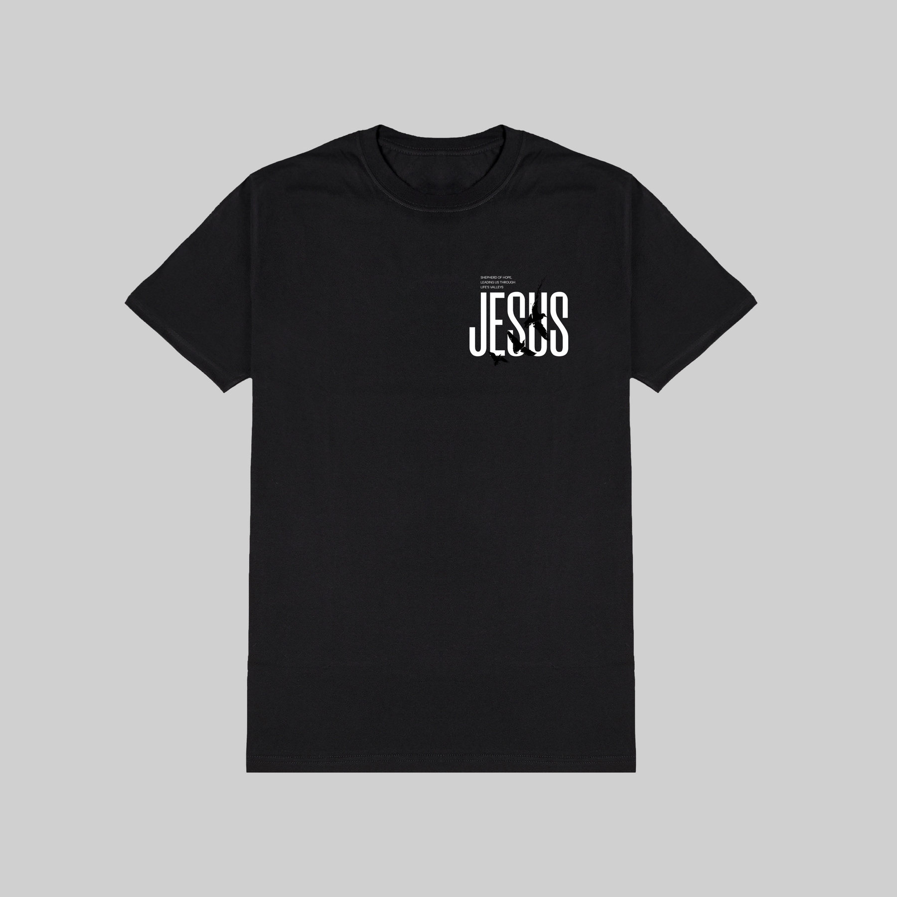 Black t-shirt with 'JESUS' printed on a gray background