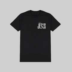 Black t-shirt with 'JESUS' printed on a gray background