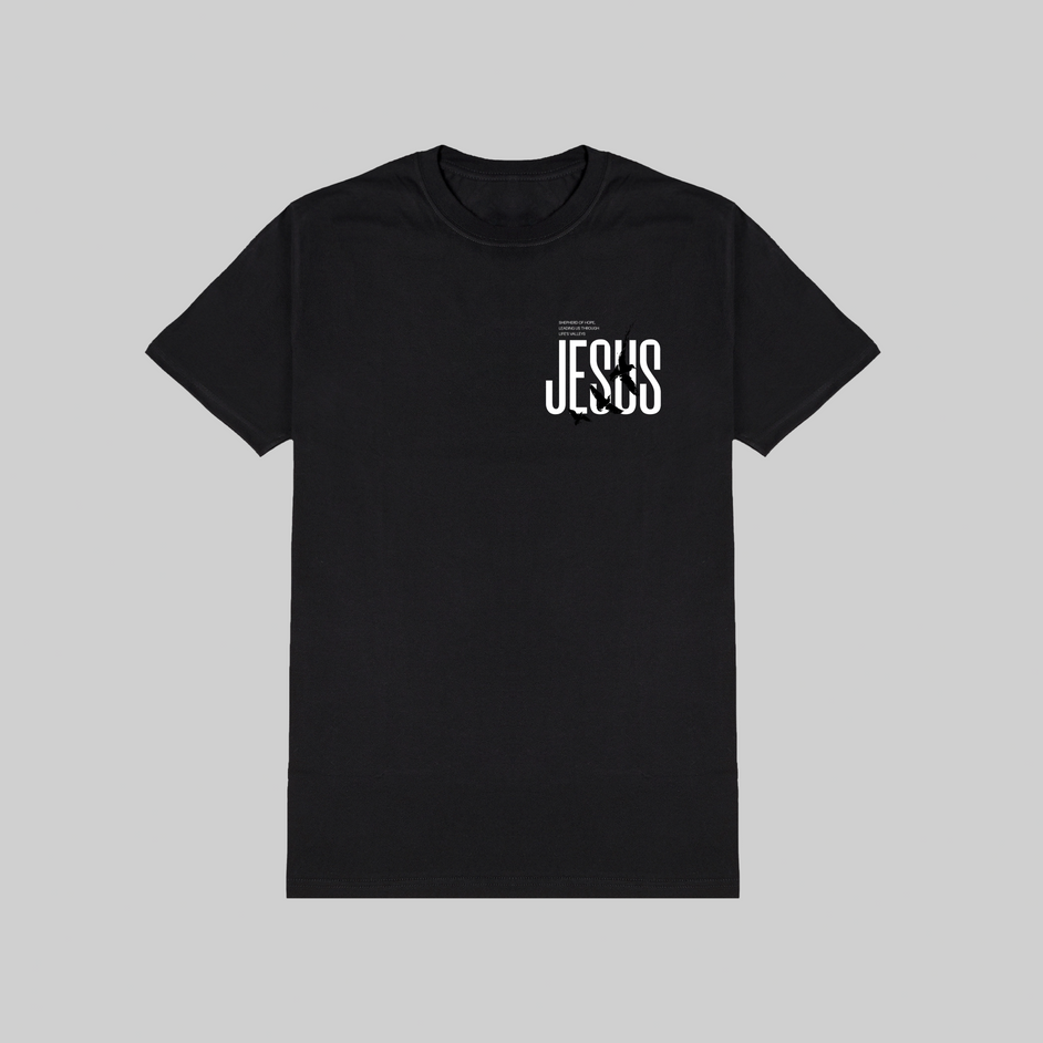 Black t-shirt with 'JESUS' printed on a gray background