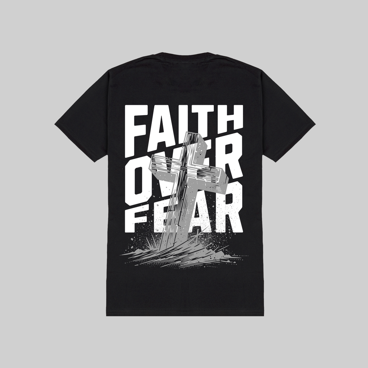 Black t-shirt with 'Faith Over Fear' text and cross design on a gray background