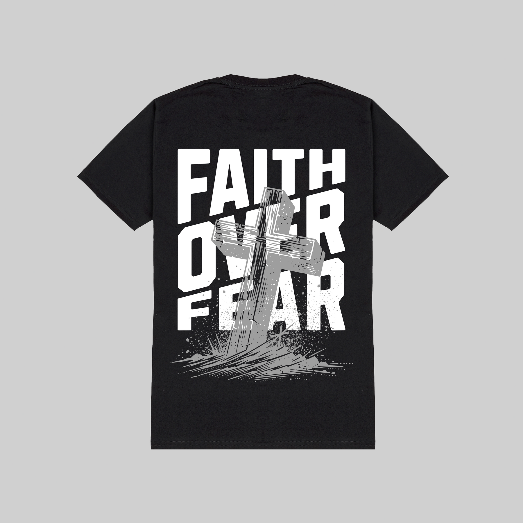 Black t-shirt with 'Faith Over Fear' text and cross design on a gray background
