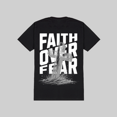 Black t-shirt with 'Faith Over Fear' text and cross design on a gray background