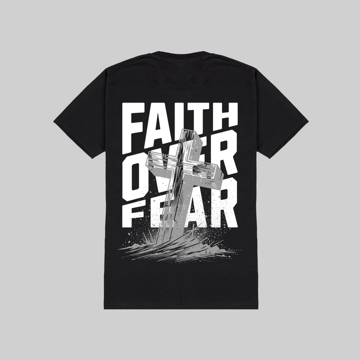 Black t-shirt with 'Faith Over Fear' text and cross design on a gray background
