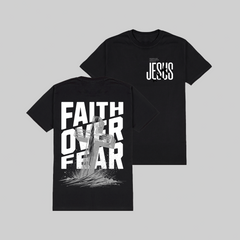 Two black t-shirts with 'Faith Over Fear' and 'Jesus' printed on them against a gray background.
