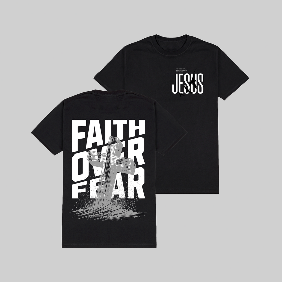Two black t-shirts with 'Faith Over Fear' and 'Jesus' printed on them against a gray background.