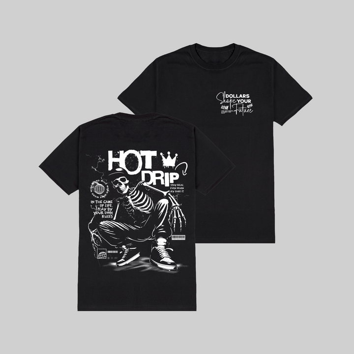 Two black t-shirts with graphic designs on a gray background