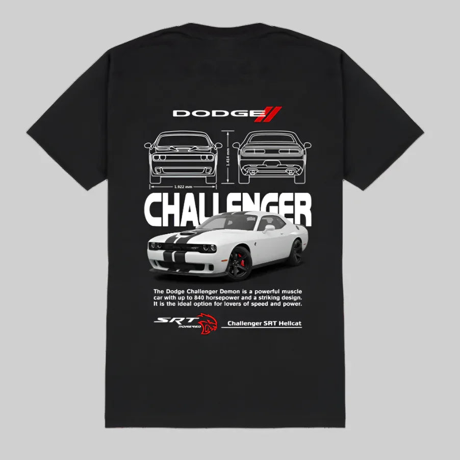 Black t-shirt with Dodge Challenger graphic on a white background