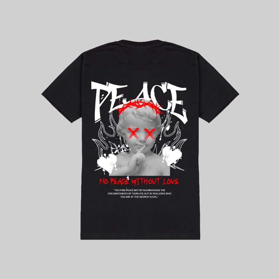Black t-shirt with graphic design and text on a gray background
