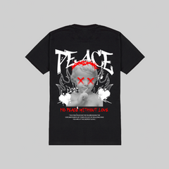 Black t-shirt with graphic design and text on a gray background