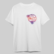 White t-shirt with a colorful palm tree design and 'Sun Salt Sand' text on a gray background