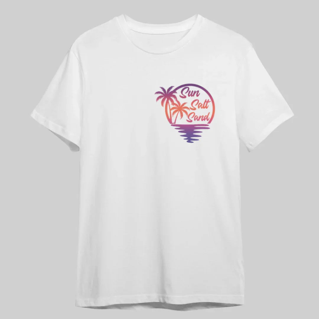 White t-shirt with a colorful palm tree design and 'Sun Salt Sand' text on a gray background