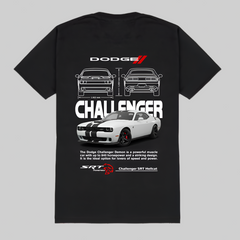 Black t-shirt with Dodge Challenger graphic on a white background