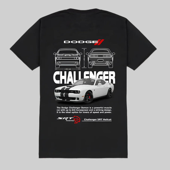 Black t-shirt with Dodge Challenger graphic on a white background