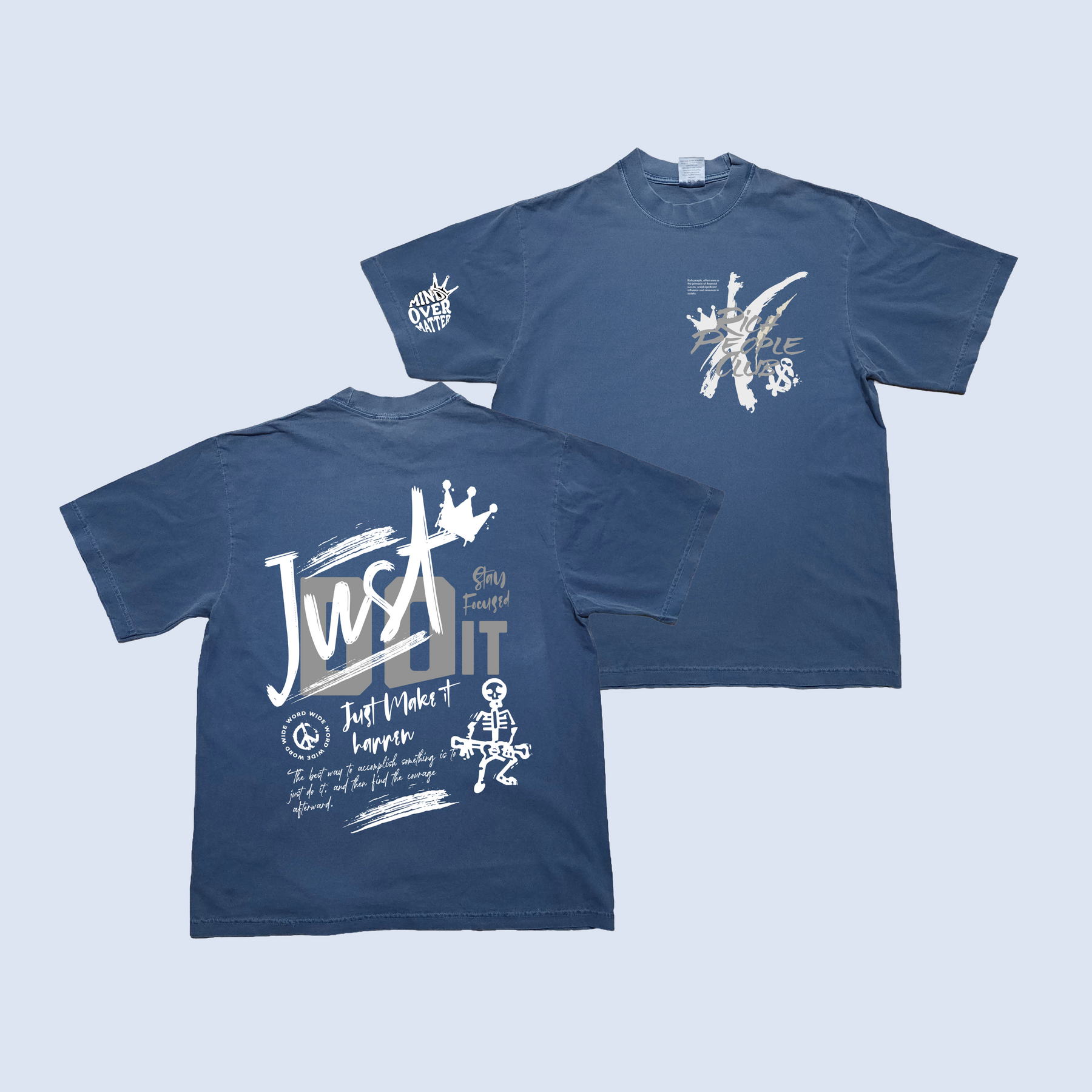 Navy blue t-shirt with white graphics and text on a light blue background